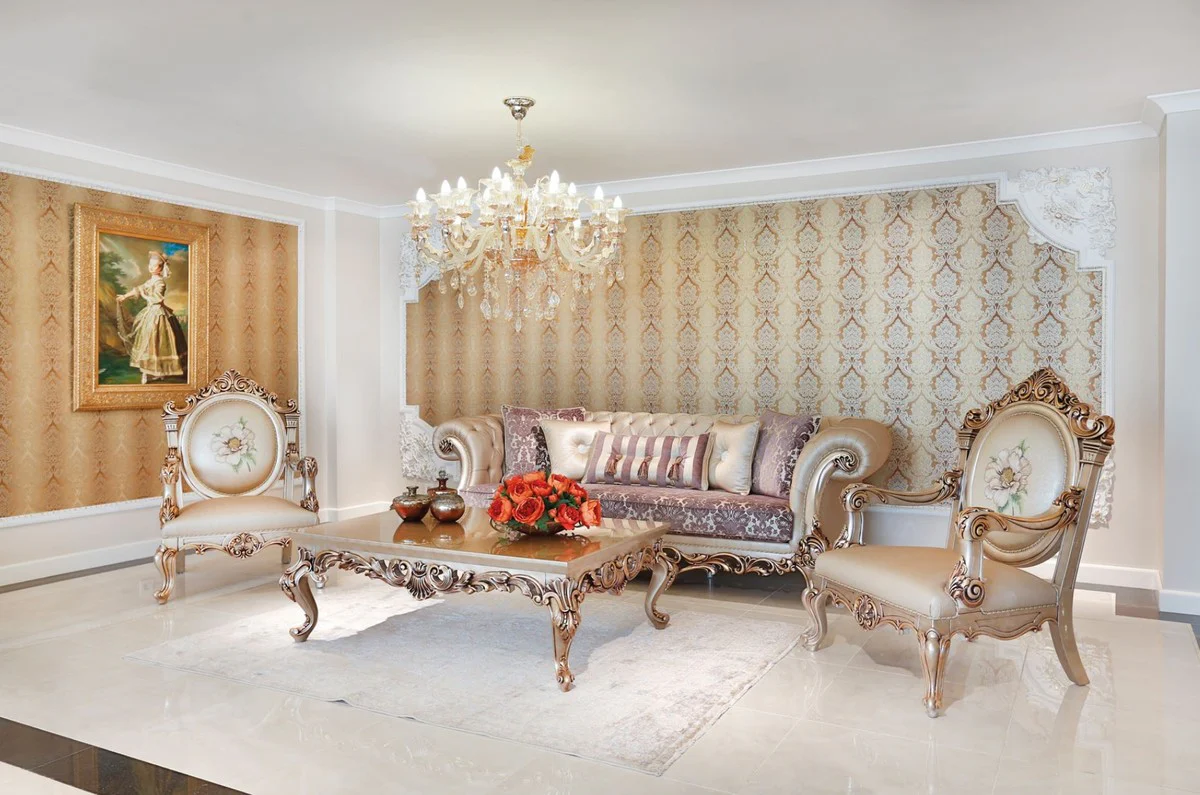 Luxury baroque living room set purple / cream / beige / copper - 2 sofas & 2 armchairs & 1 coffee table with glass top - living room furniture in baroque style - noble and magnificent