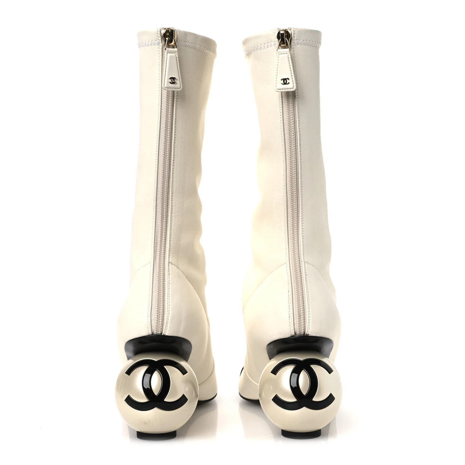 Stretch Lambskin Patent Cap Toe Pearl Ball Mid Calf Boots 39 White Black - Top Club