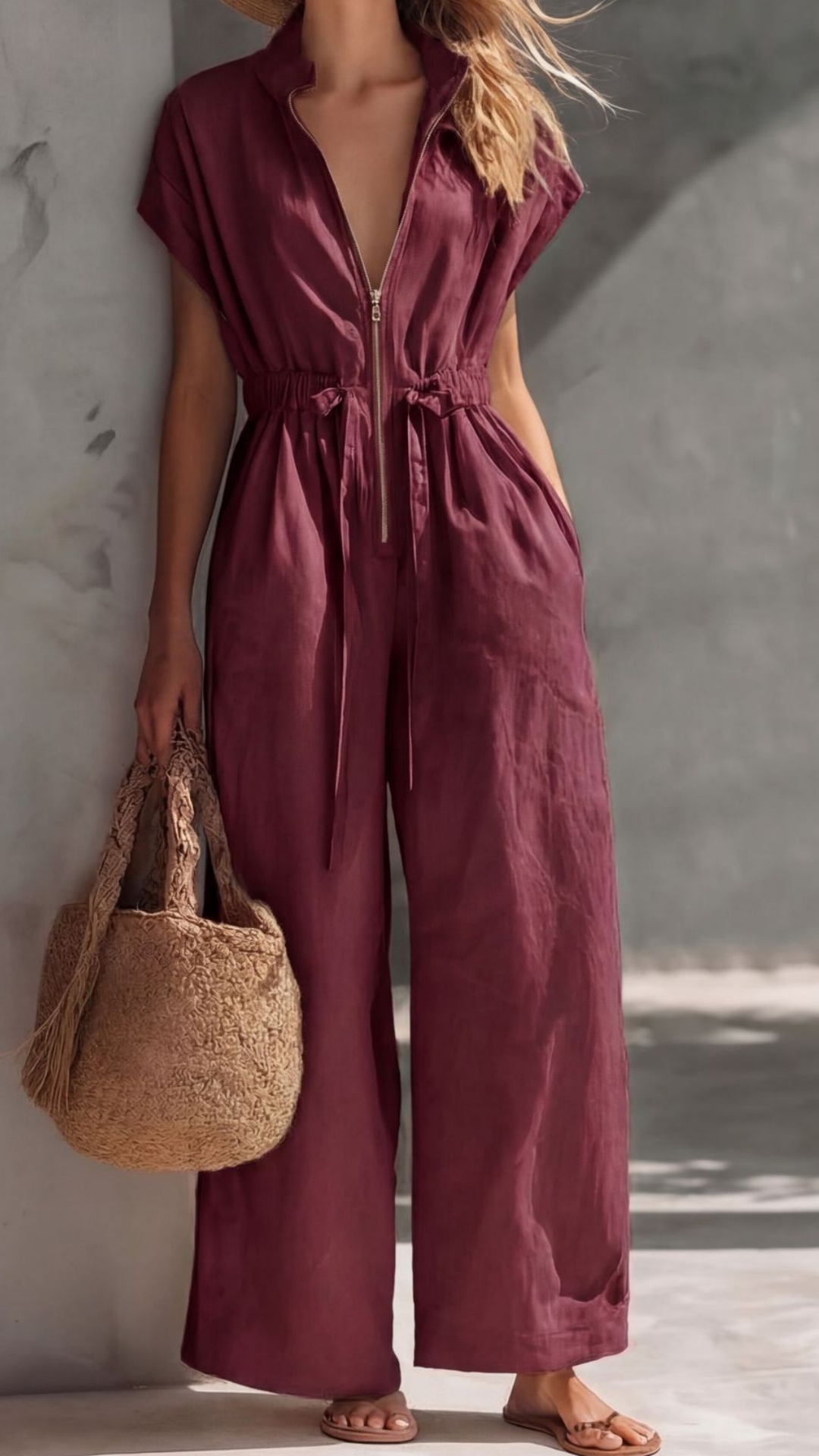 Women's V-Neck Stand-Collar Zip-Front Drawstring Jumpsuit - Nordfashionstorm - Women's Clothing, Fashion for You - Nordfashionstorm.com