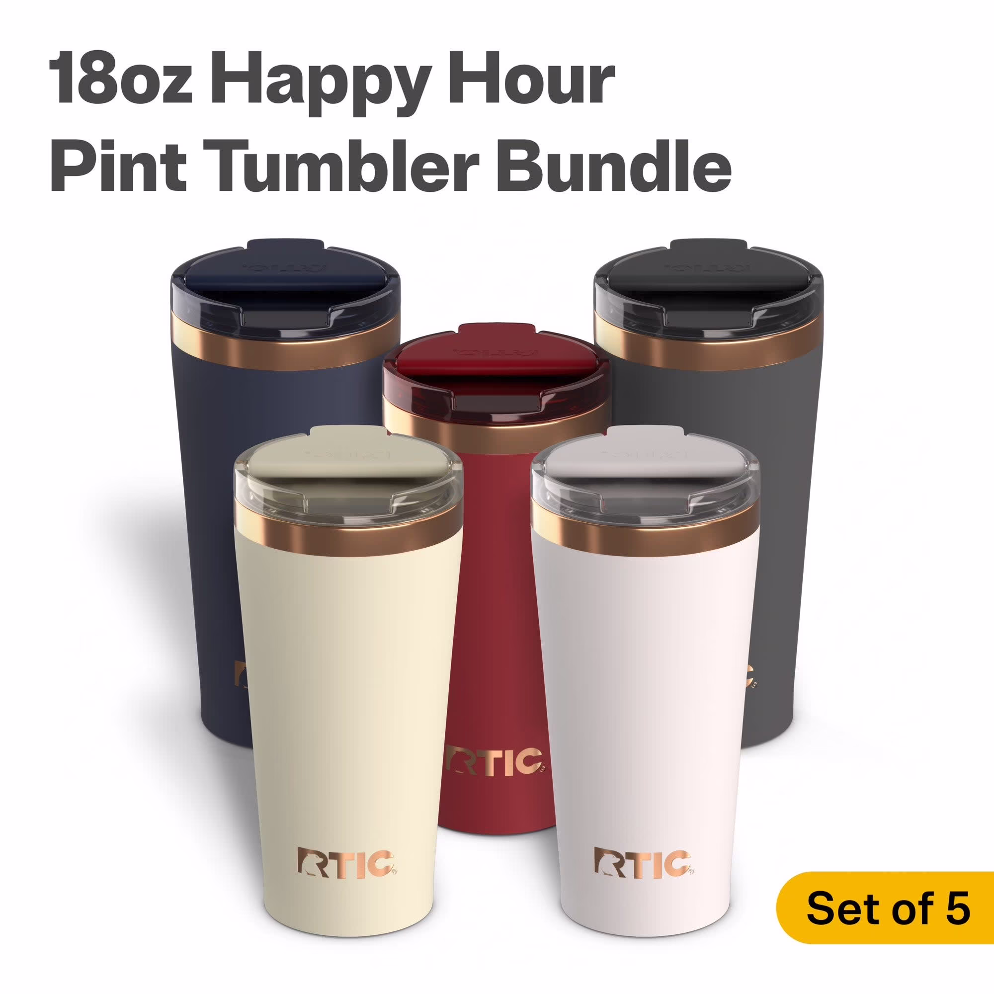 RTIC 18 oz Ceramic Lined Insulated Happy Hour Pint Tumbler, Soft-Touch Exterior, Set of 5, Multi-Color