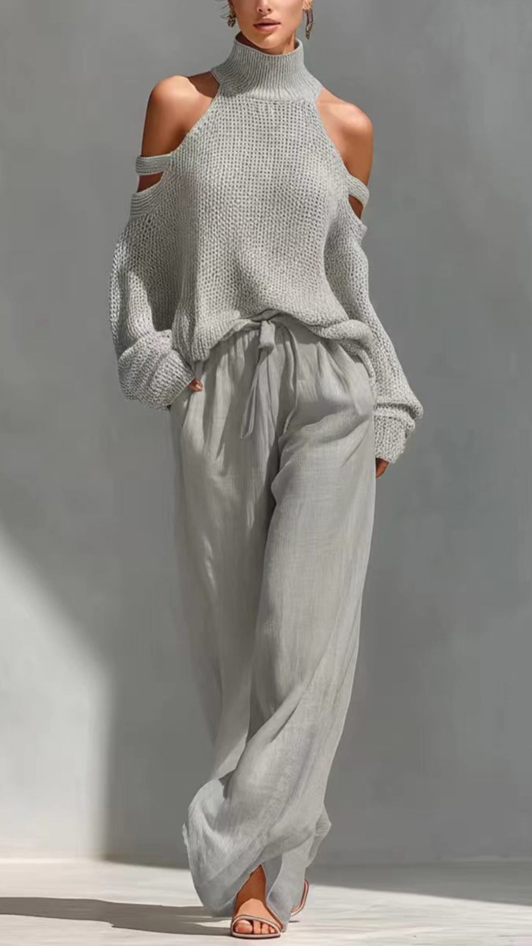 Women's Cotton-Blend Off-White Cold-Shoulder Knit Loose Set - Nordfashionstorm - Women's Clothing, Fashion for You - Nordfashionstorm.com