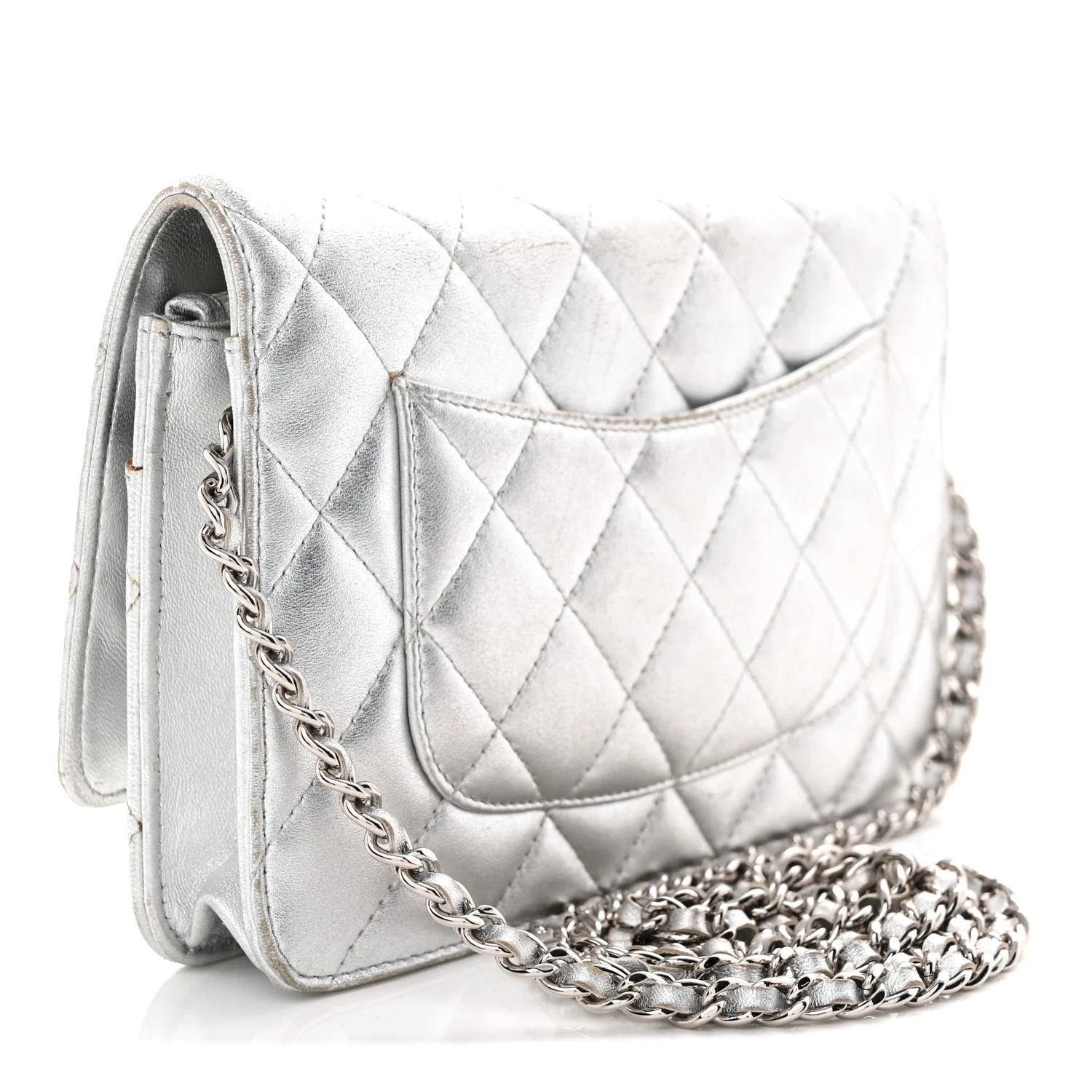 Metallic Lambskin Quilted Wallet On Chain WOC Silver - Top Club