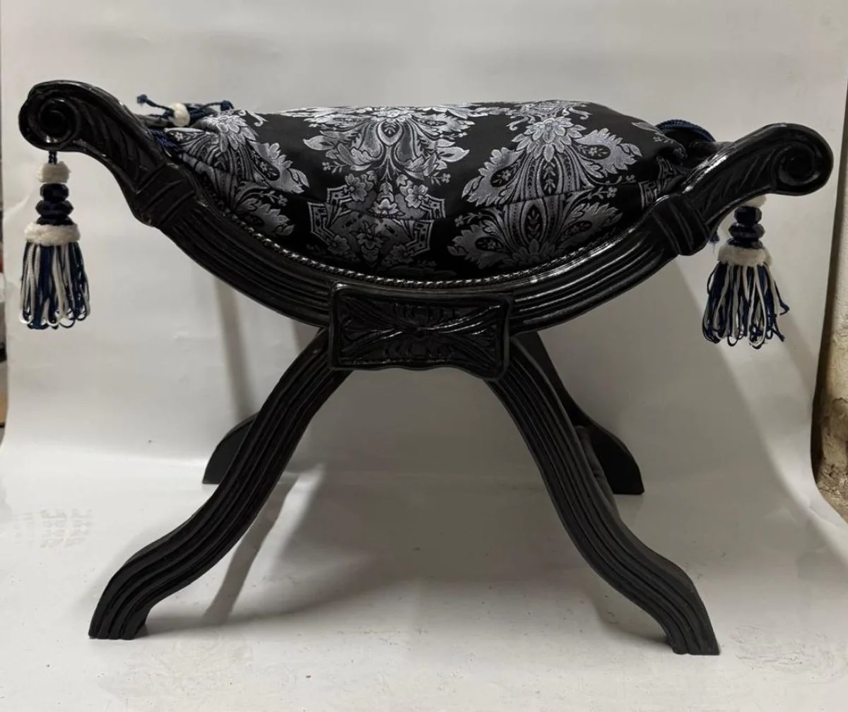 Baroque cross stool with cushion black / gray - baroque style furniture