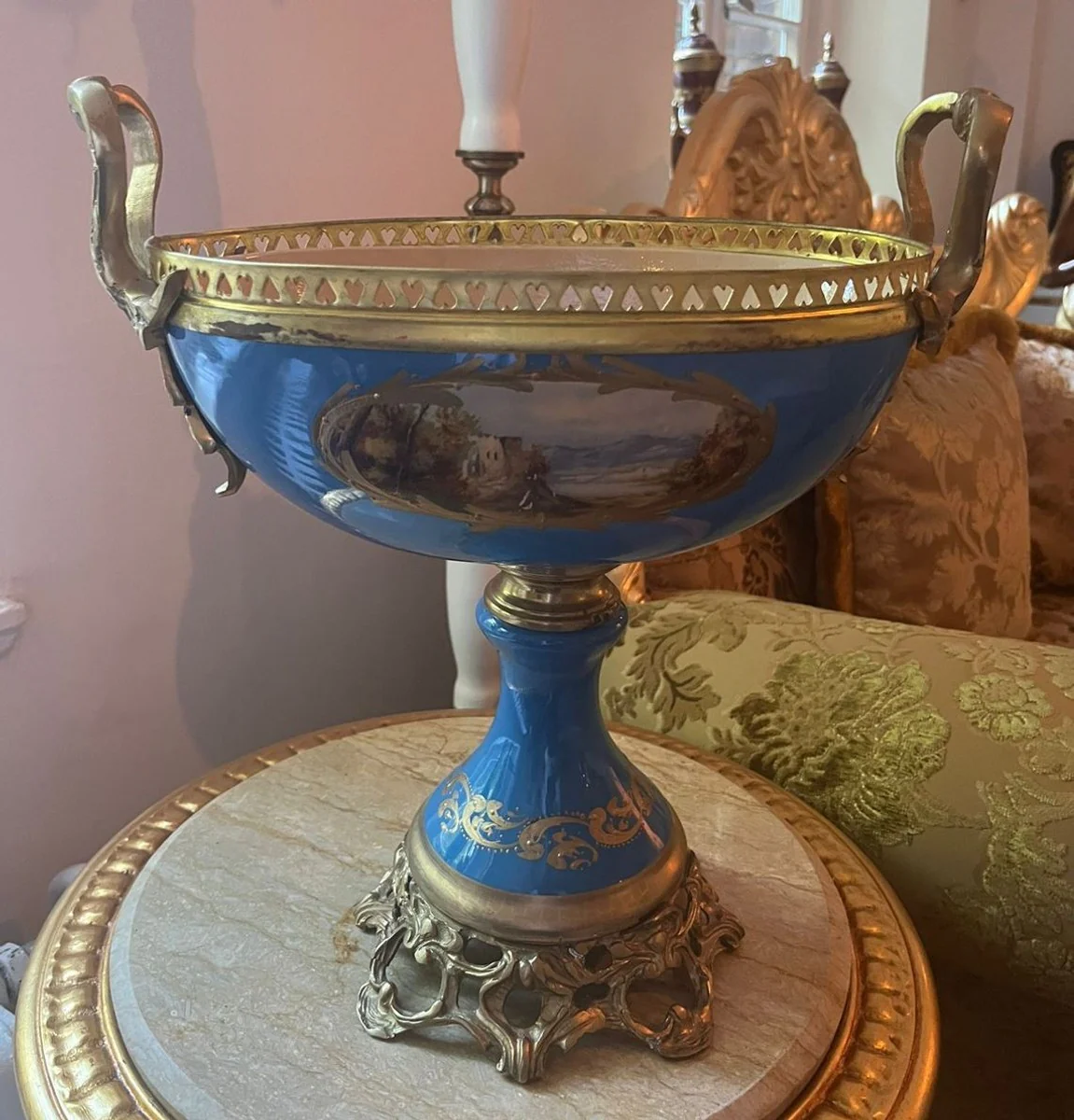 Art Nouveau porcelain bowl blue / colorful / brass H. 40 cm