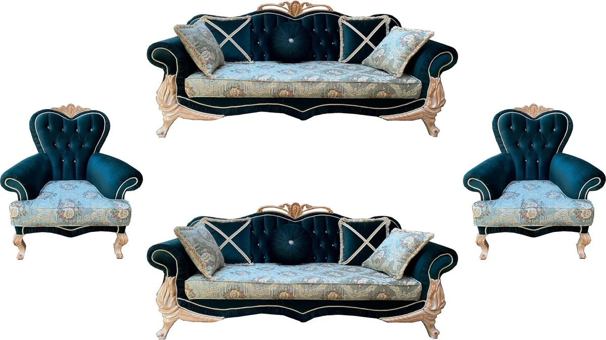 Luxury baroque living room set with elegant floral pattern and glittering stones turquoise / green / cream - 2 sofas & 2 armchairs - magnificent baroque living room furniture