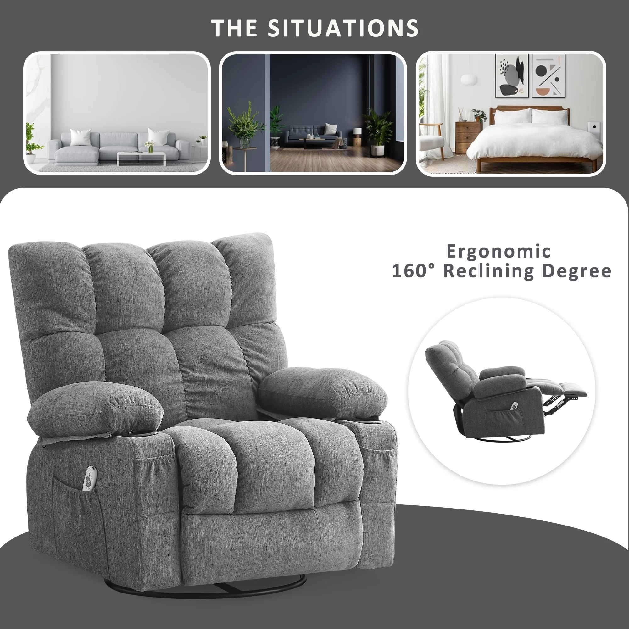 JONPONY Manual Recliner Chair with Heat Therapy and Massage Function, Heavy Duty Reclining Mechanism Massage Chair, Elderly Single Rocker Sofa with Cup Holders for Bedroom Home Theater, Grey