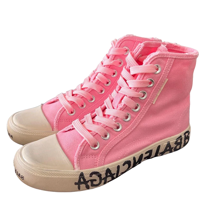 Balenciaga Pink High-Top Canvas Sneakers with Brand Logo Sole for Luxury Street Style - Sneaker Replica Workshop