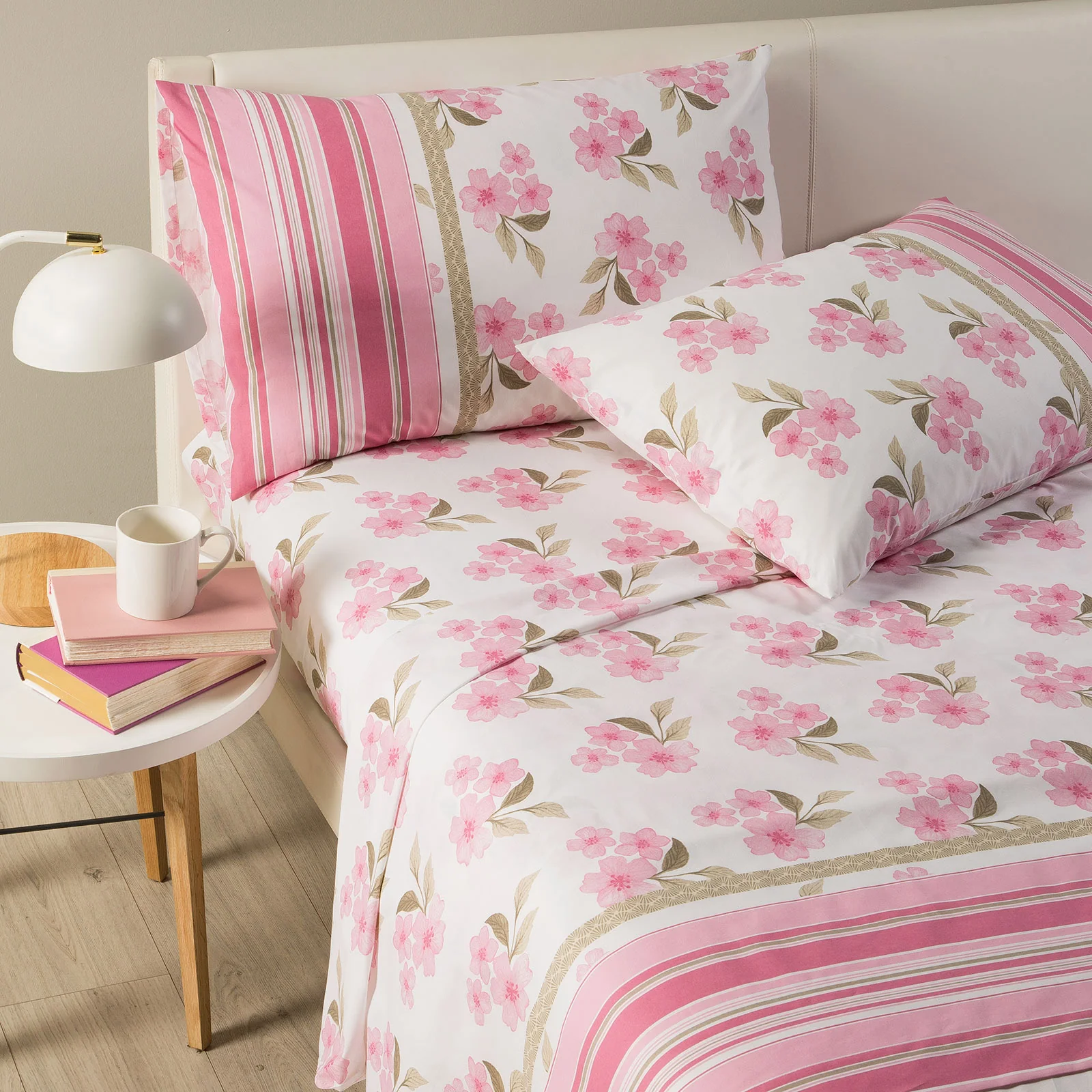 Completo Lenzuola In Cotone Fior Di Pesco Singolo Rosa Caleffi