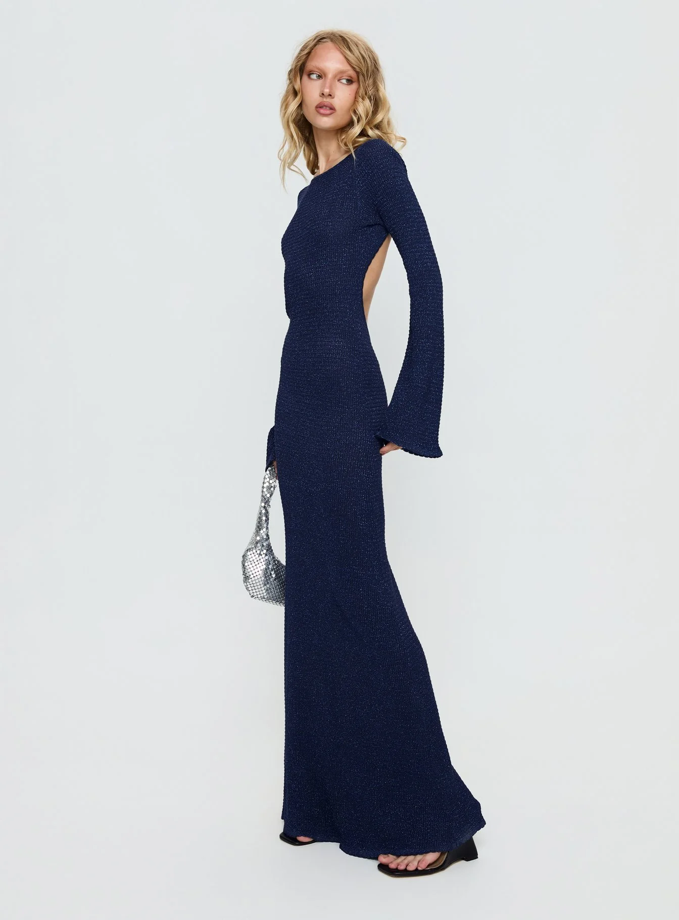 Rhapsody Long Sleeve Knit Maxi Dress Navy
