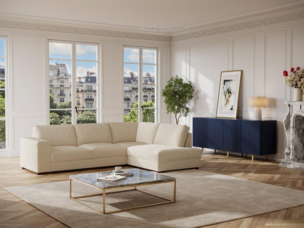 Sofá rinconera derecho de terciopelo beige acanalado