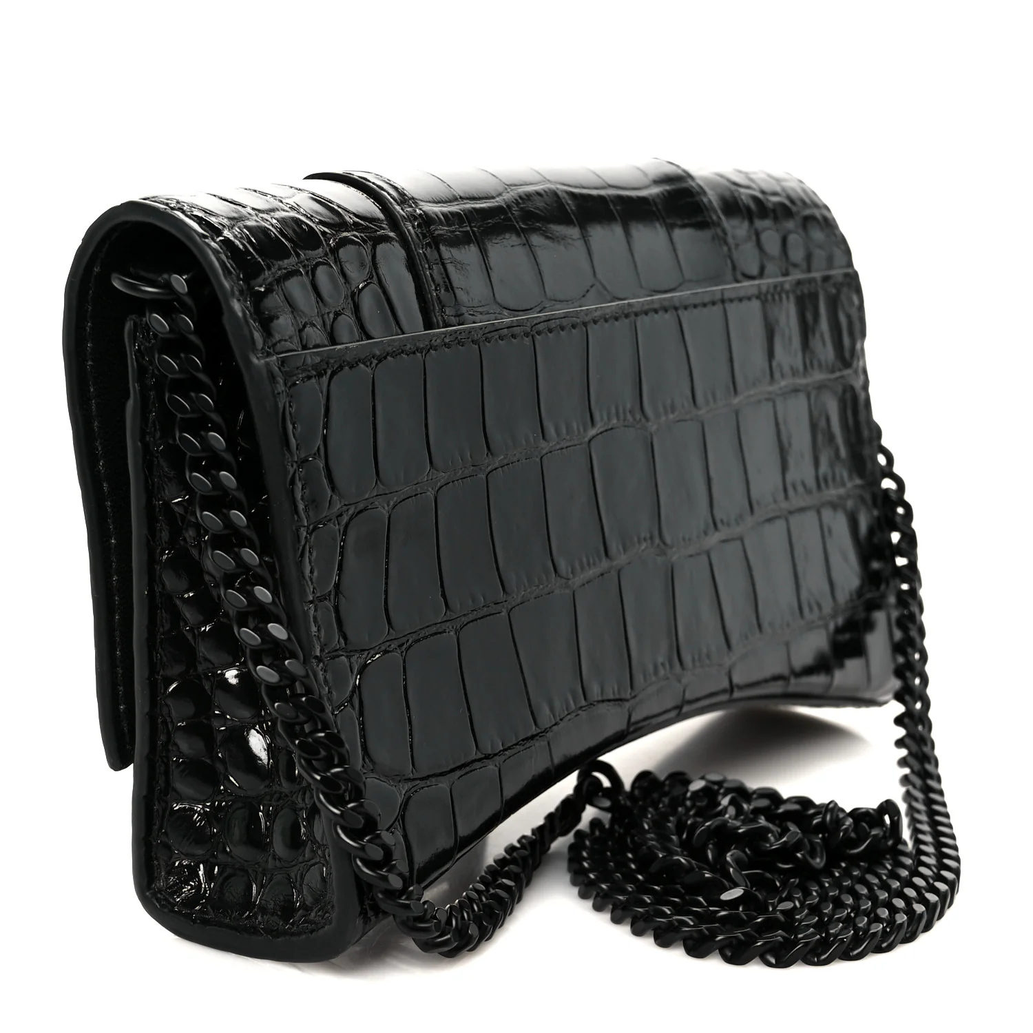 Shiny Calfskin Monochrome Crocodile Embossed Hourglass Chain Bag Black - Top Club
