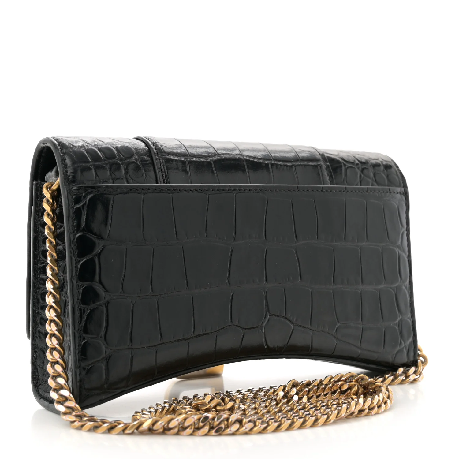Shiny Calfskin Crocodile Embossed Hourglass Chain Bag Black - Top Club