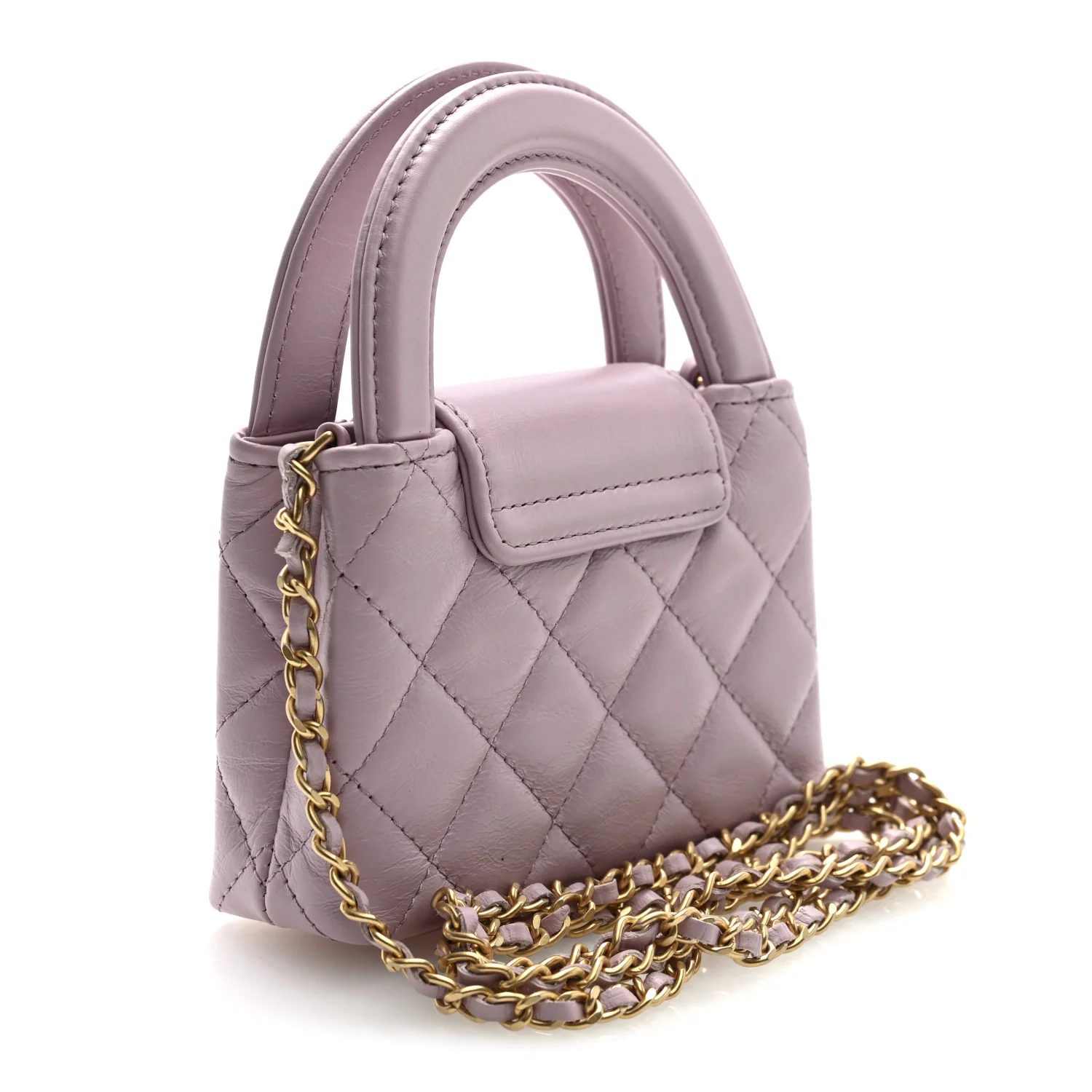 Shiny Aged Calfskin Quilted Mini Nano Kelly Shopper Light Pink - Top Club