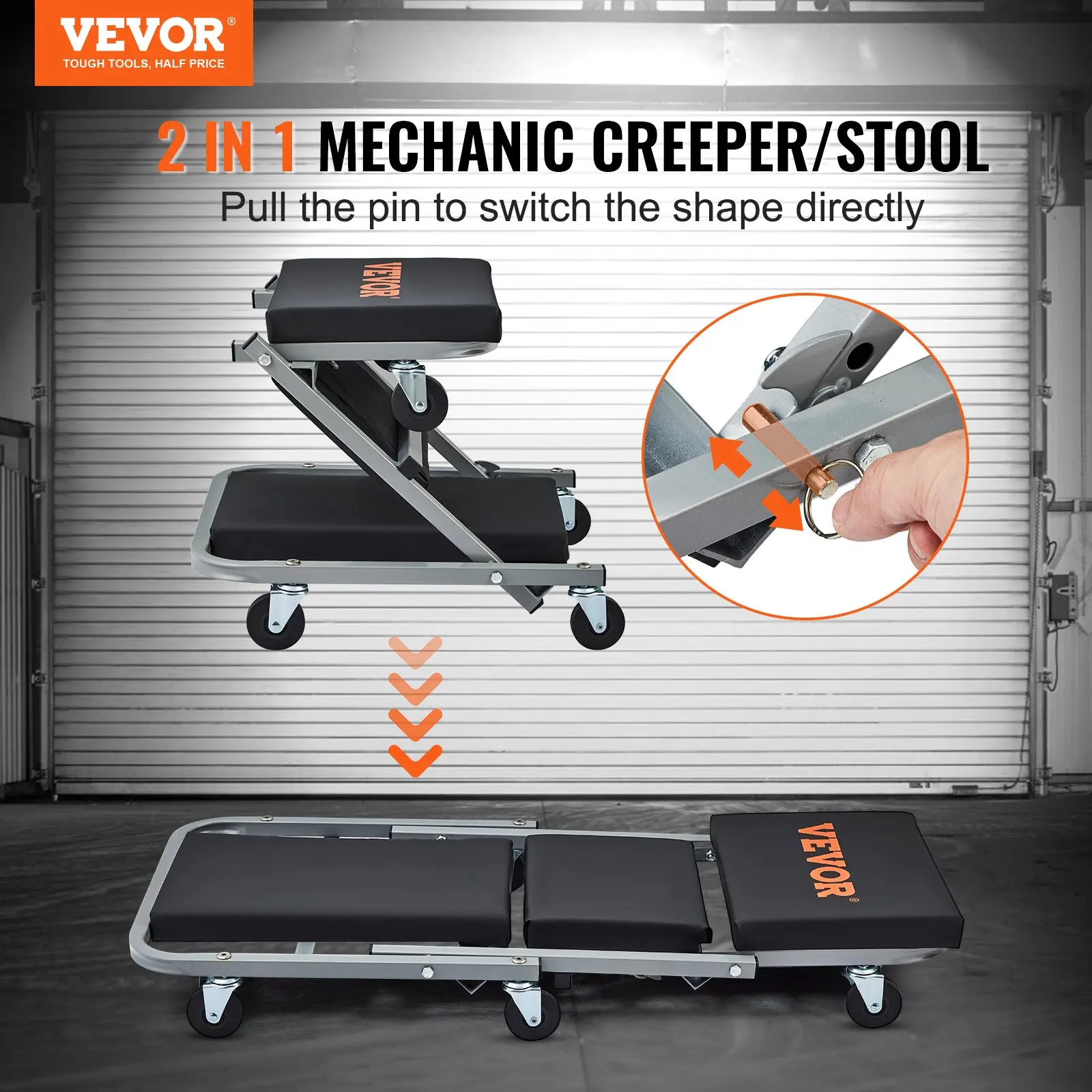 【Summerfinds】VEVOR Z-Creeper Seat 2 in 1 Rolling Folding Car Creeper/Stool 300 lbs Capacity Mechanic Creeper Low Profile Creeper with 6 Wheels for Garage, Shop, Auto Repair, for lying down or sitting, Black, dorm essentials, home decor