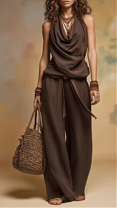 Women's Laid-back & Chic Vintage Solid-Color Top and Wide-Leg Pants Set - Nordfashionstorm - Women's Clothing, Fashion for You - Nordfashionstorm.com