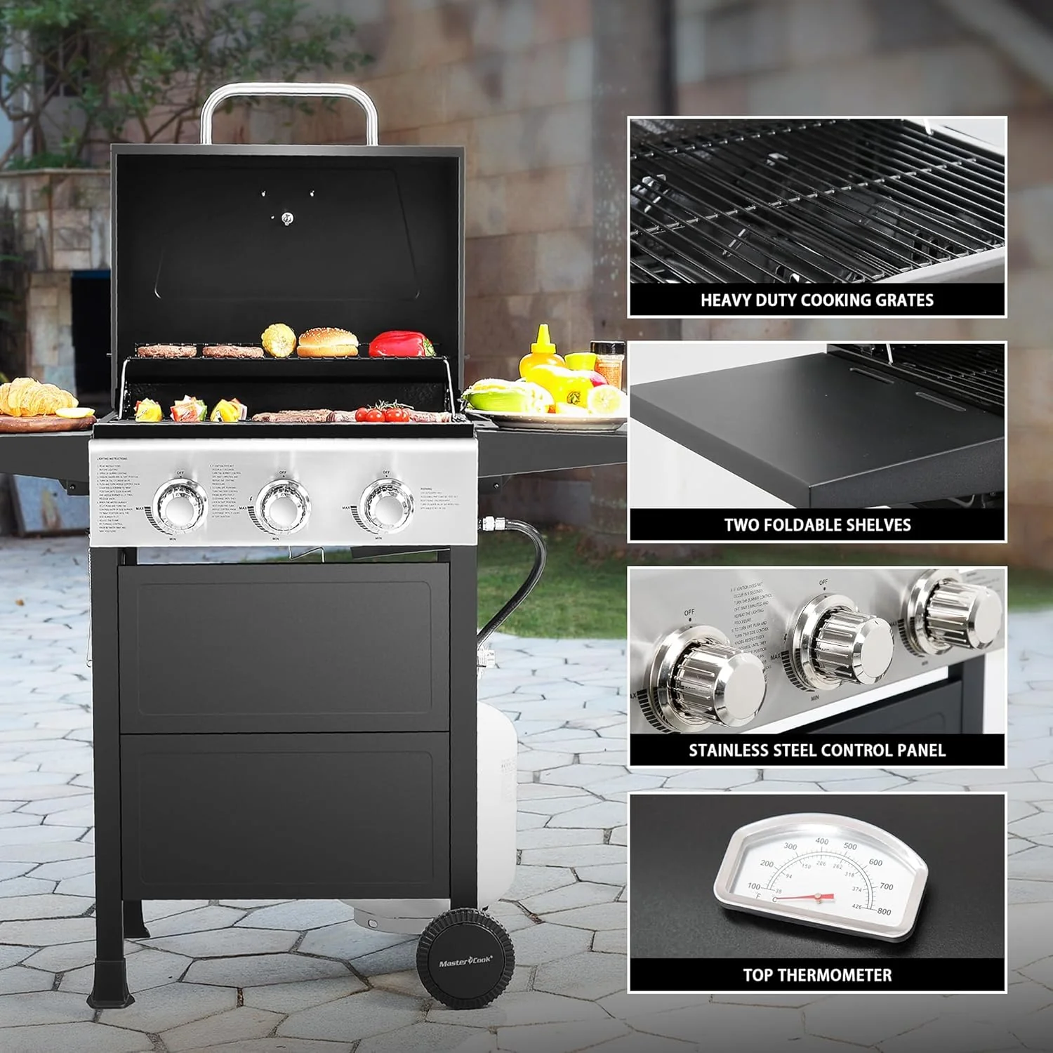 3 Burner BBQ Propane Gas Grill, Stainless Steel 30,000 BTU Patio Garden Barbecue Grill with Two Foldable Shelves