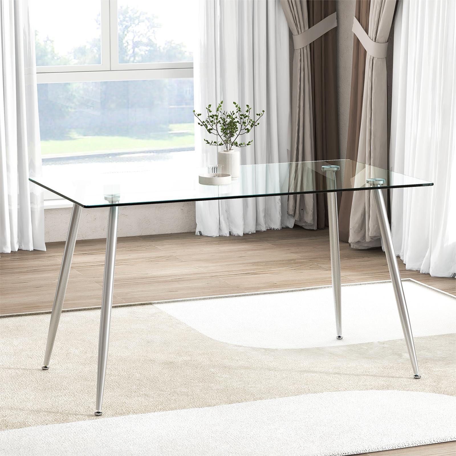BEFOUNDLOVELY Glass Dining Table, Modern Rectangular Table with Spacious Tempered Glass Tabletop