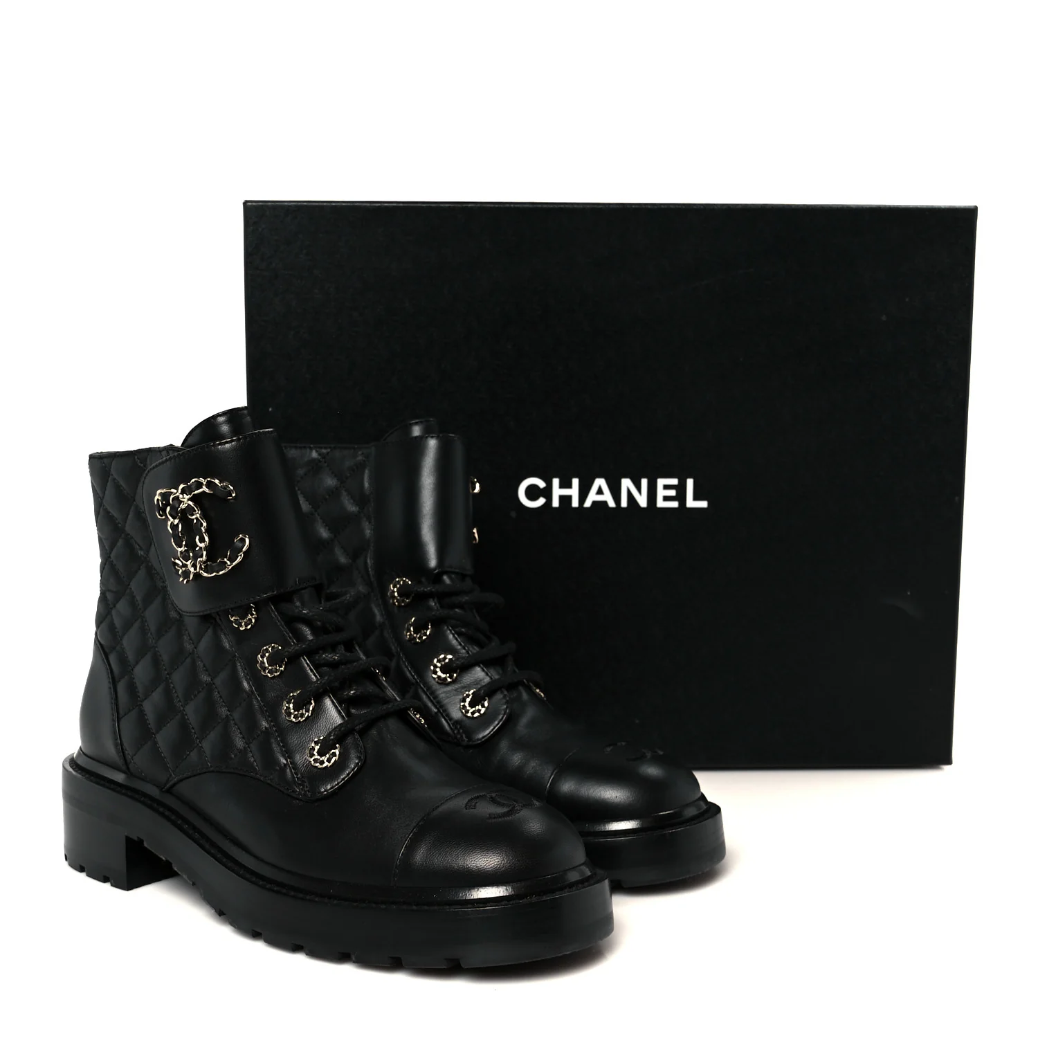 Shiny Lambskin Quilted Lace Up Combat Boots 39 Black - Top Club