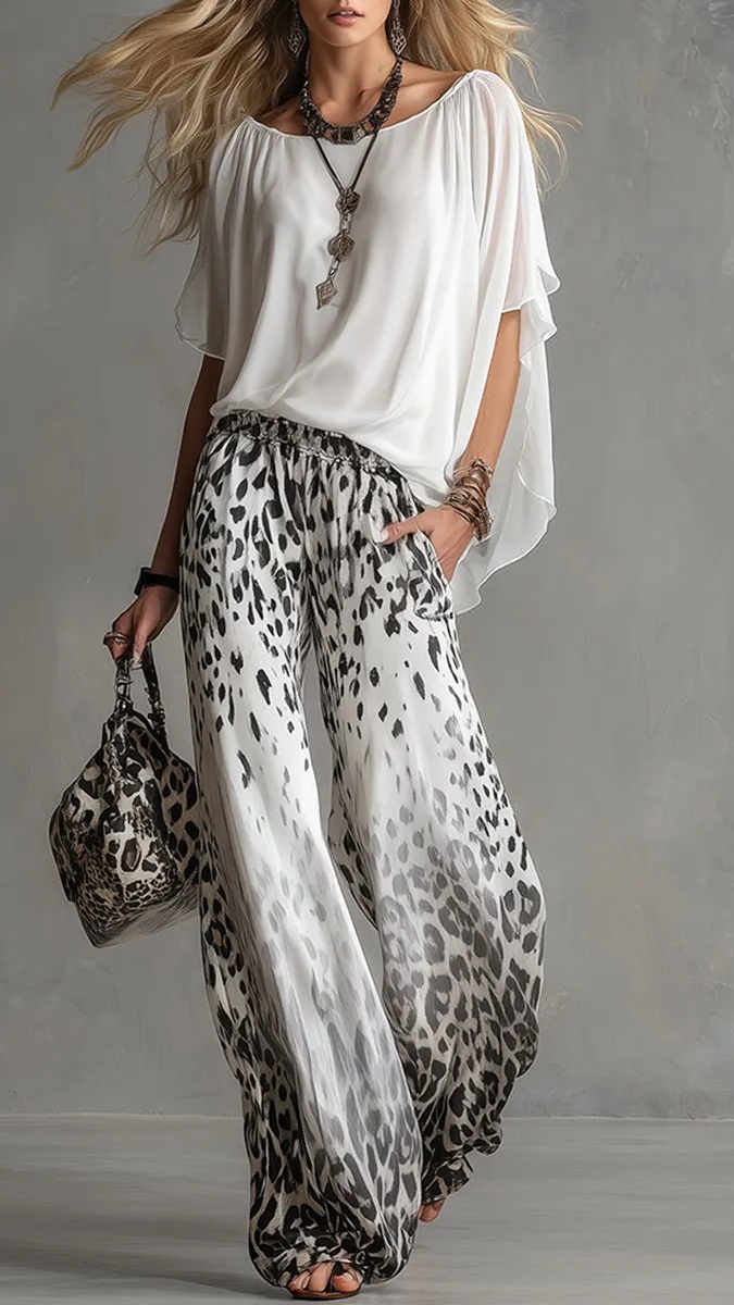 Women's Fashion Two-Piece Set: White T-Shirt & Leopard Print Chiffon Pants - Nordfashionstorm - Women's Clothing, Fashion for You - Nordfashionstorm.com