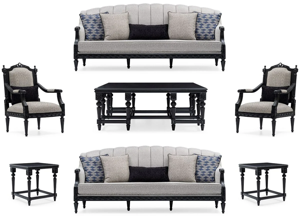 Luxury Baroque Living Room Set Silver / Black - 2 Sofas & 2 Armchairs & 1 Coffee Table & 2 Side Tables - Handcrafted Living Room Furniture in Baroque Style - Noble & Magnificent