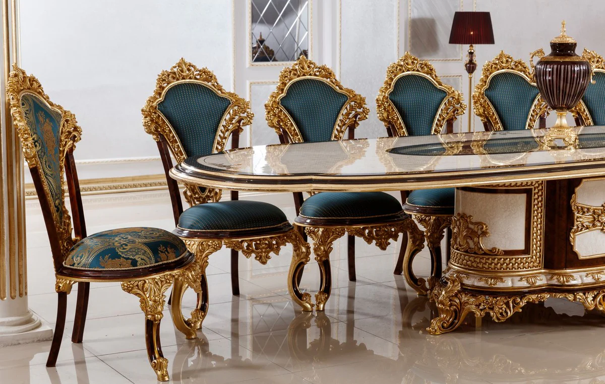 Luxury Baroque Dining Room Set White / Brown / Blue / Gold - 1 Baroque Dining Table & 22 Baroque Dining Chairs - Hotel Furniture - Castle Furniture - Palace Furniture - Luxury Furniture in Baroque Style