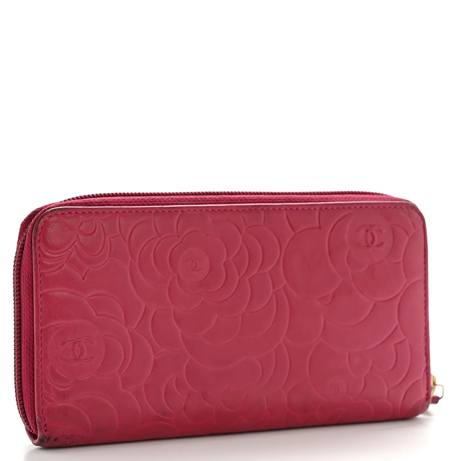 Lambskin Camellia Embossed Large Gusset Zip Around Wallet Fuchsia - Top Club