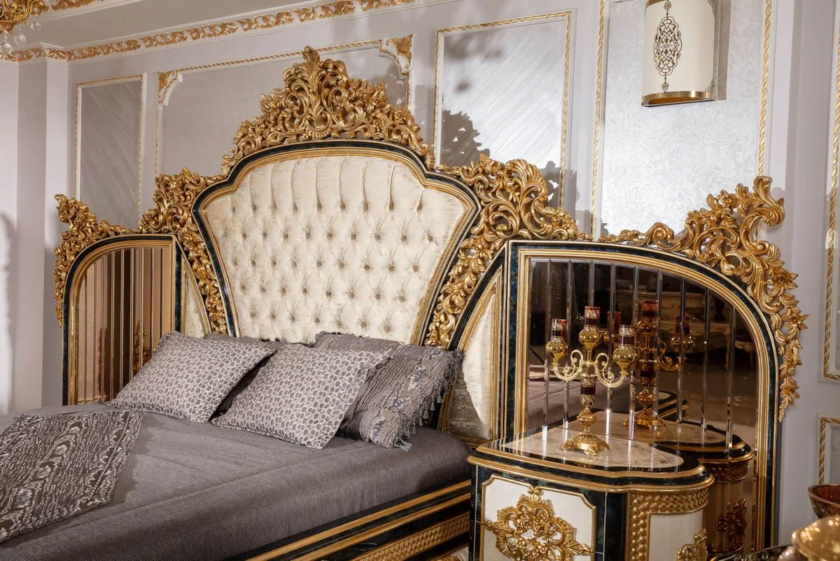 Luxury Baroque Nightstand Set White / Blue / Gold - Magnificent Solid Wood Bedside Tables - Baroque Bedroom Furniture - Noble & Magnificent