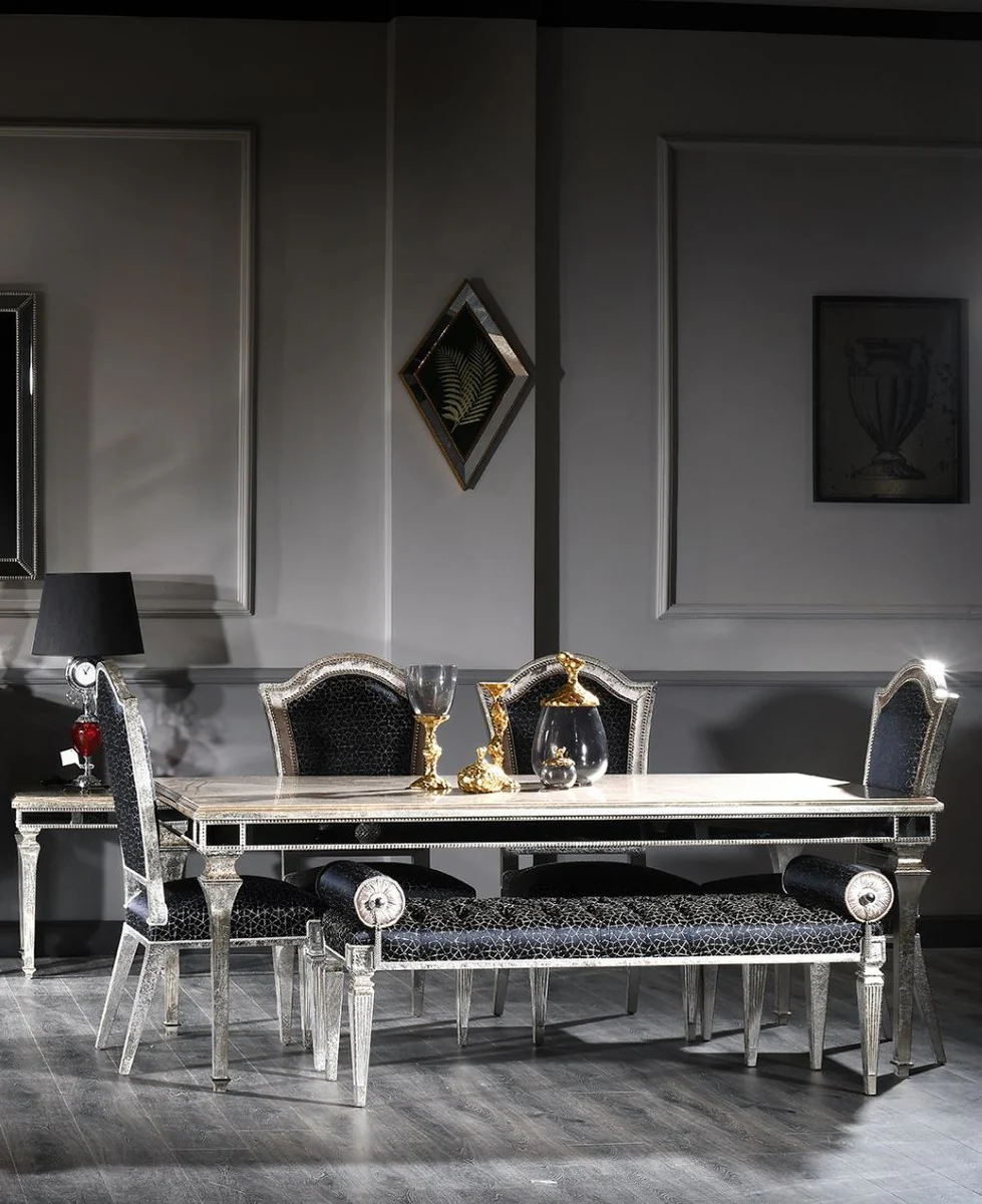 Luxury baroque dining table antique silver 200 x 112 x H. 85 cm - solid wood kitchen table with mirror glass - elegant dining room furniture in baroque style