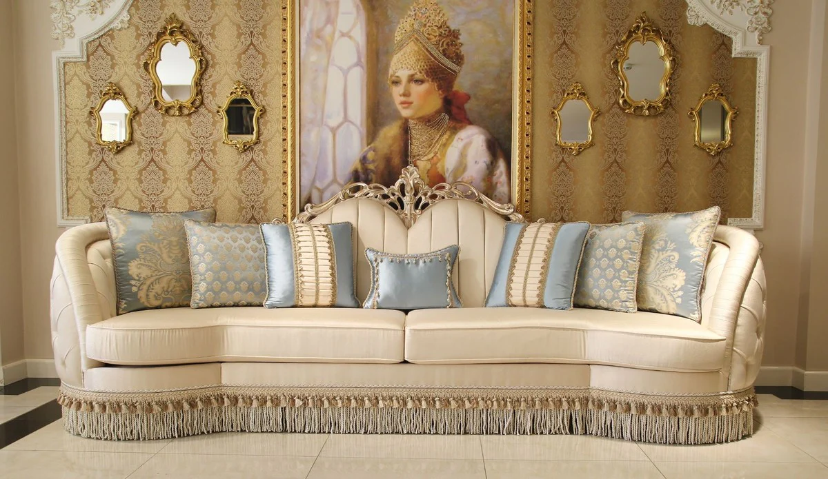 Luxury baroque living room sofa beige / silver 300 x 95 x H. 115 cm - Magnificent sofa in baroque style - Noble baroque living room furniture
