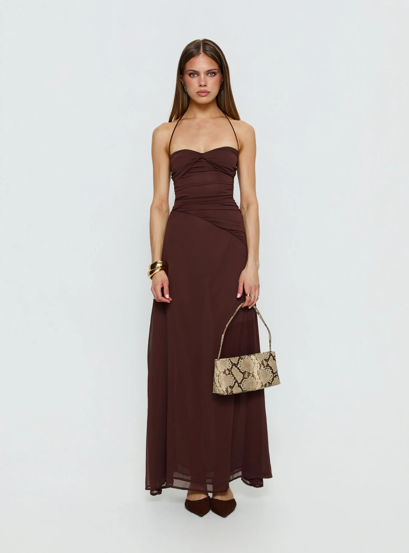 Kaemila Halter Chiffon Maxi Dress Brown