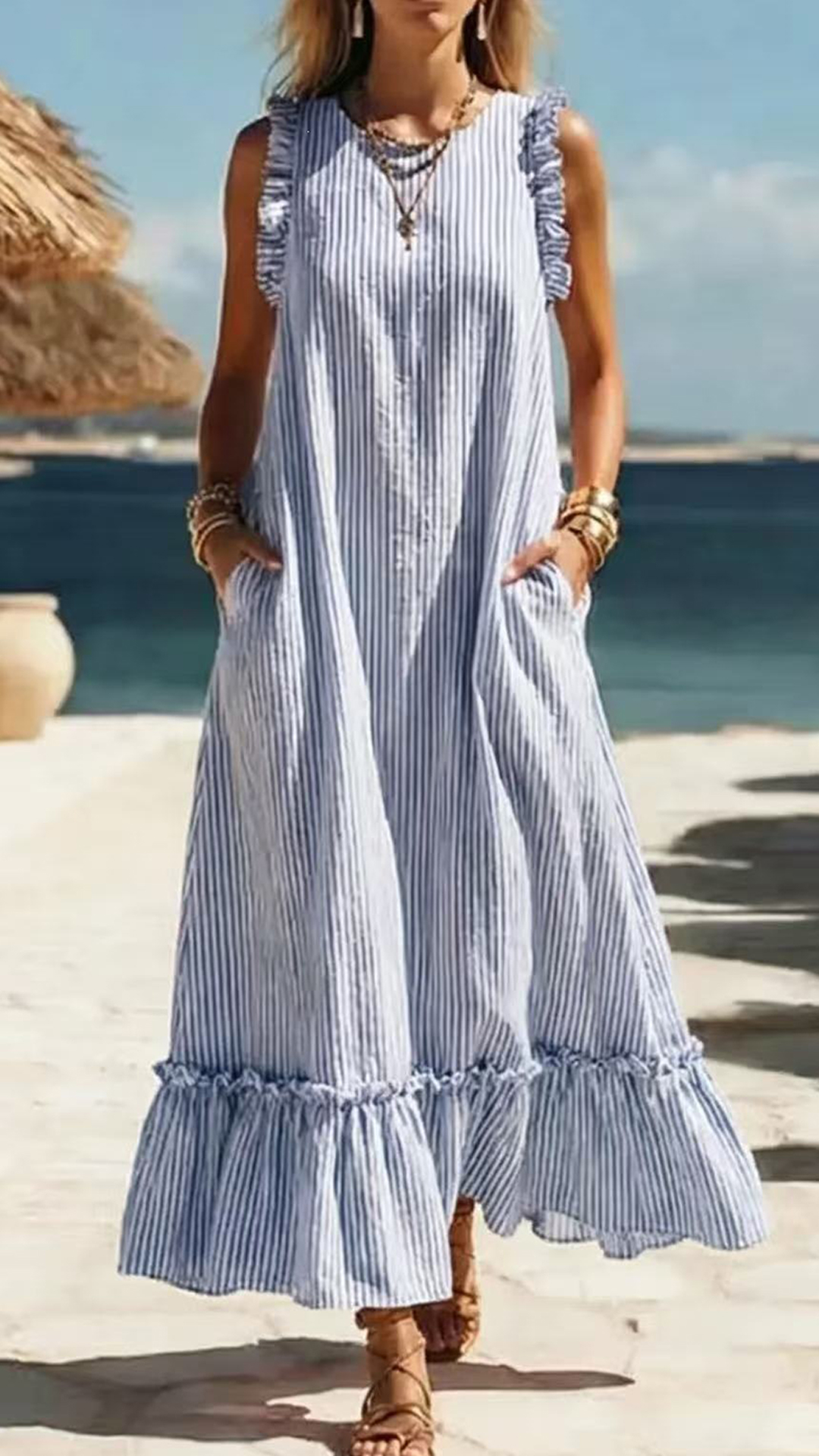 Women's Cotton-Blend Striped Ruffled Sleeveless Maxi Dress - Nordfashionstorm - Women's Clothing, Fashion for You - Nordfashionstorm.com