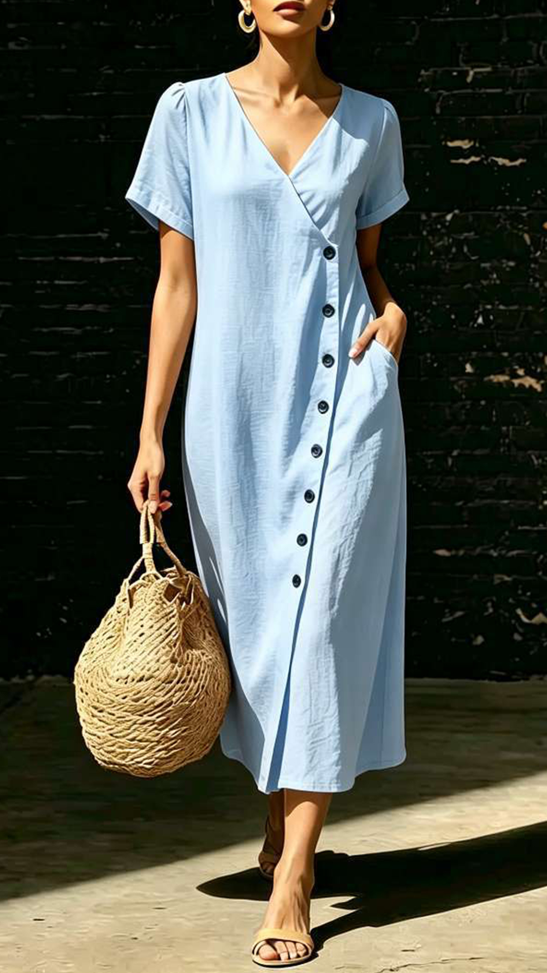 Women's Light Blue V-Neck Short-Sleeve Dress - Nordfashionstorm - Women's Clothing, Fashion for You - Nordfashionstorm.com