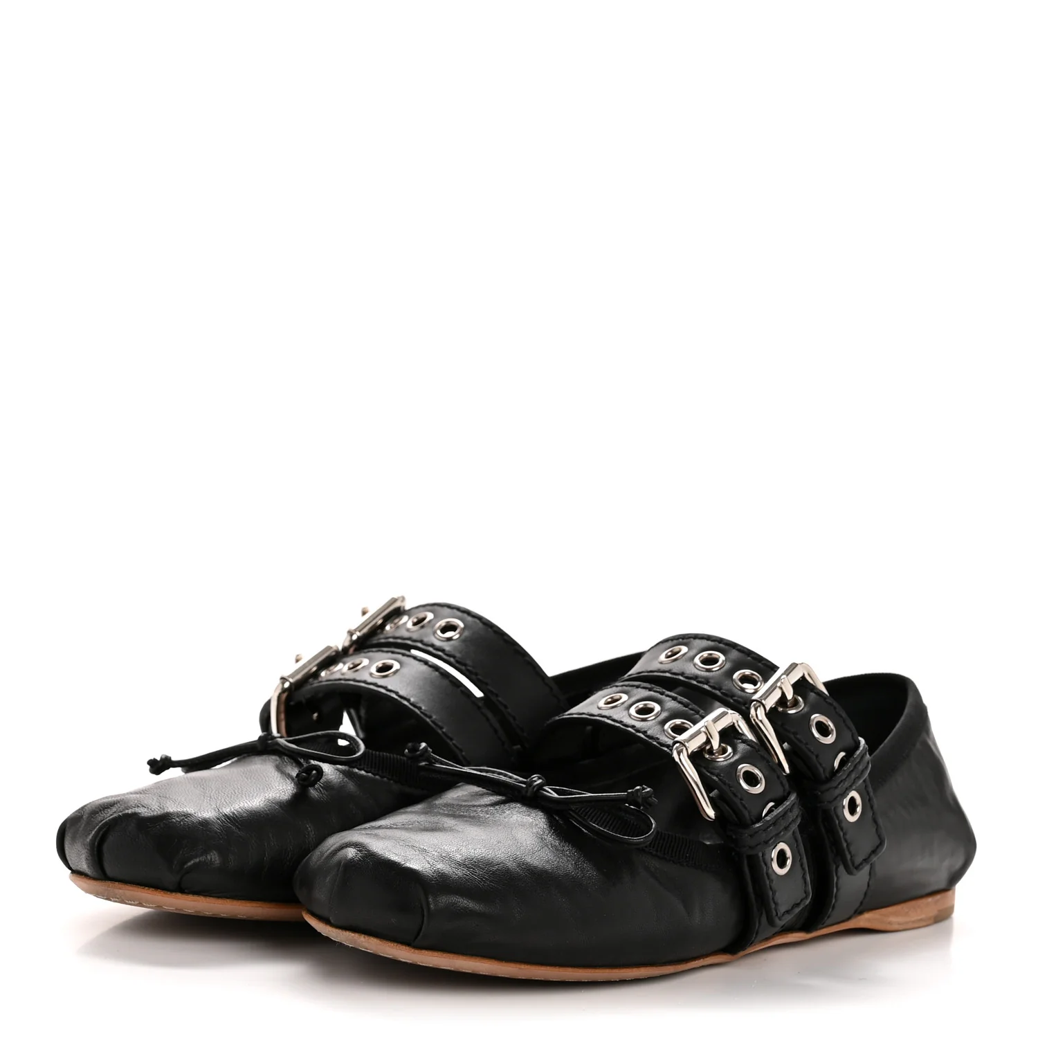 Nappa Vitello Nevada Double Buckle Ballerina Flats 36.5 Black - Top Club