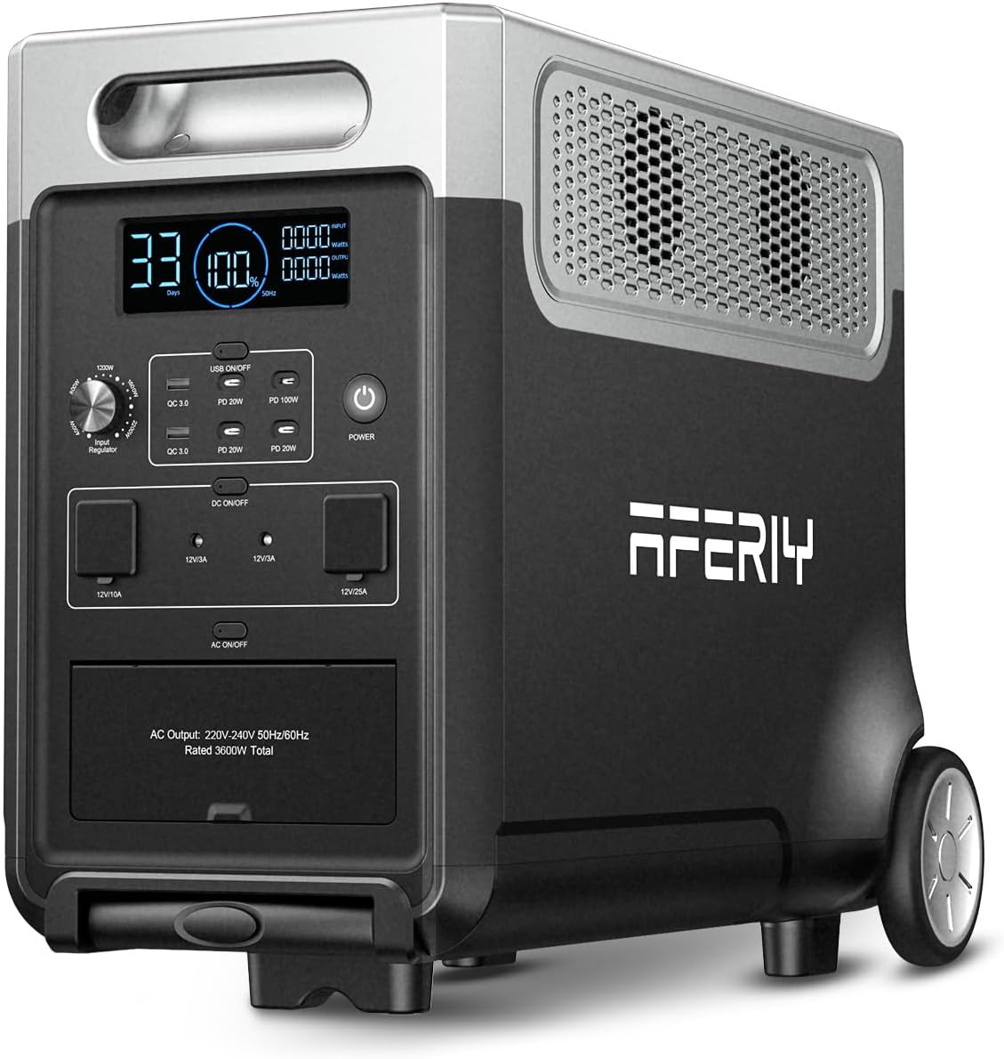 AFERIY Generatore elettrico portatile 3600W 3840Wh, controllo tramite APP, espandibile fino a 11520Wh, 220V-240V, funzione UPS, generatore solare portatile per campeggio/viaggio/guasto elettrico