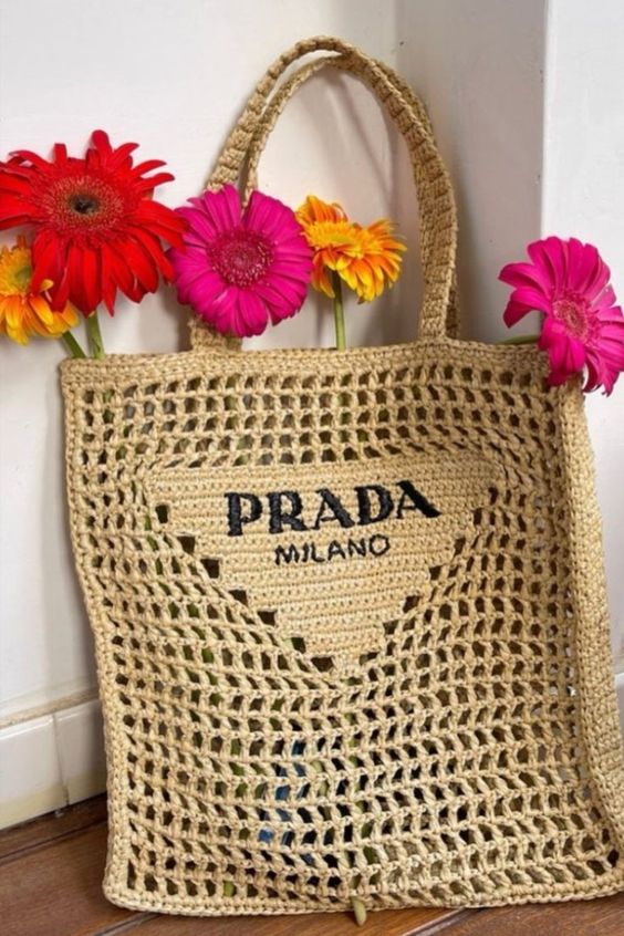 Prada Women's Natural Crochet Tote Bag-Khaki - Top Club