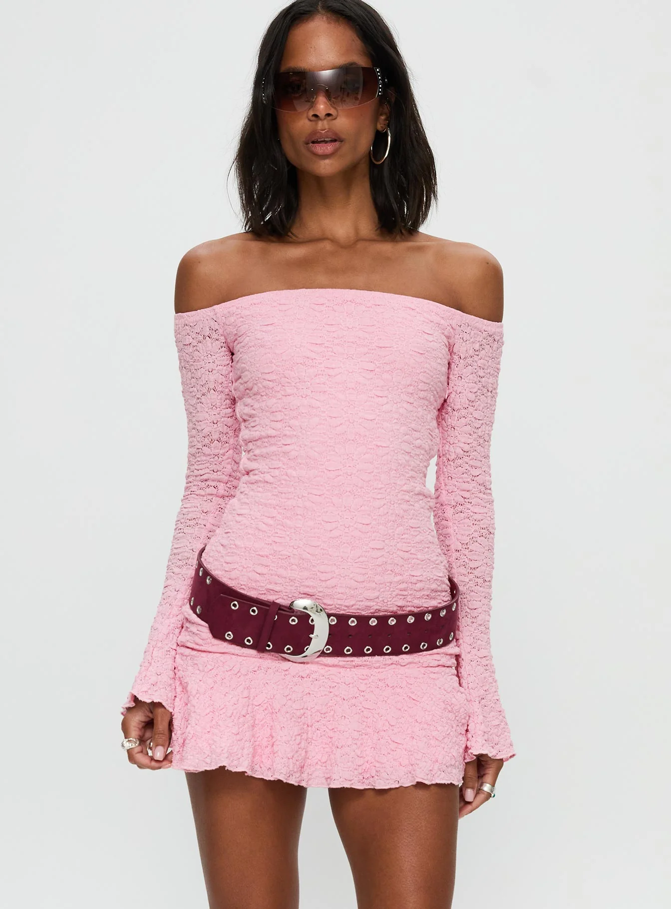 Vancesca Off Shoulder Long Sleeve Mini Dress Pink