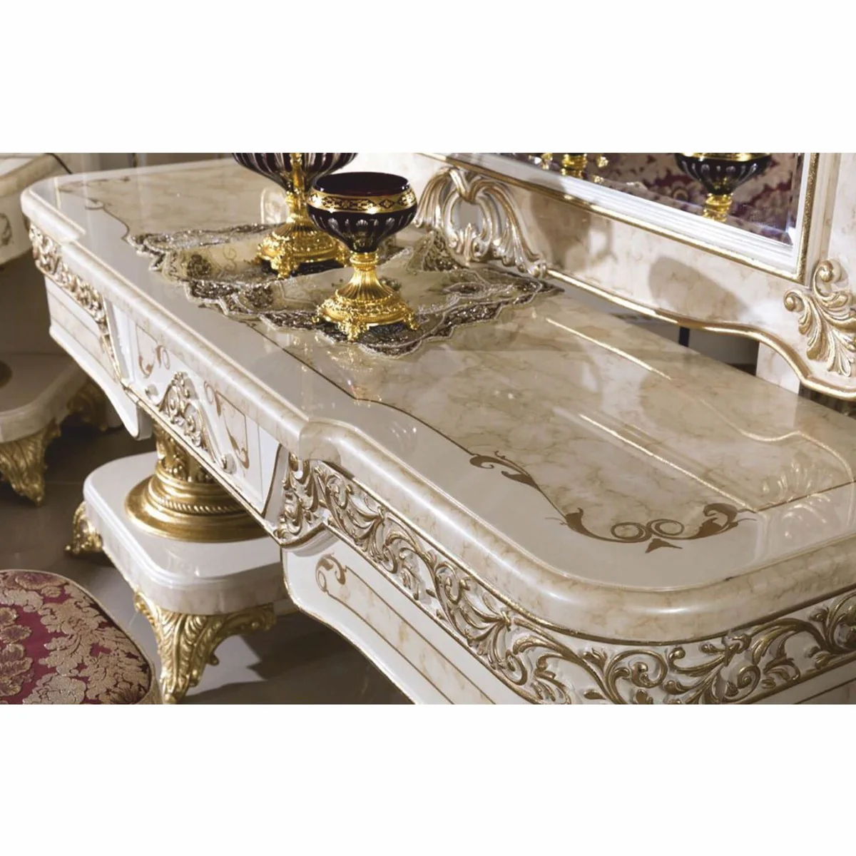 Luxury Baroque Dressing Table Set White / Beige / Gold - Baroque Furniture