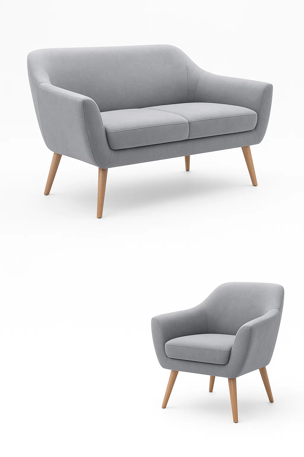 Conjunto de sofá y sillón en tejido gris con base de madera