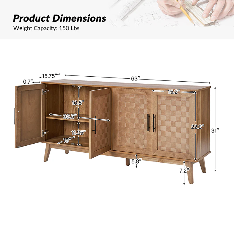 Horace 63" Wide Sideboard with Maple Veneer Woven Cabinet Doors