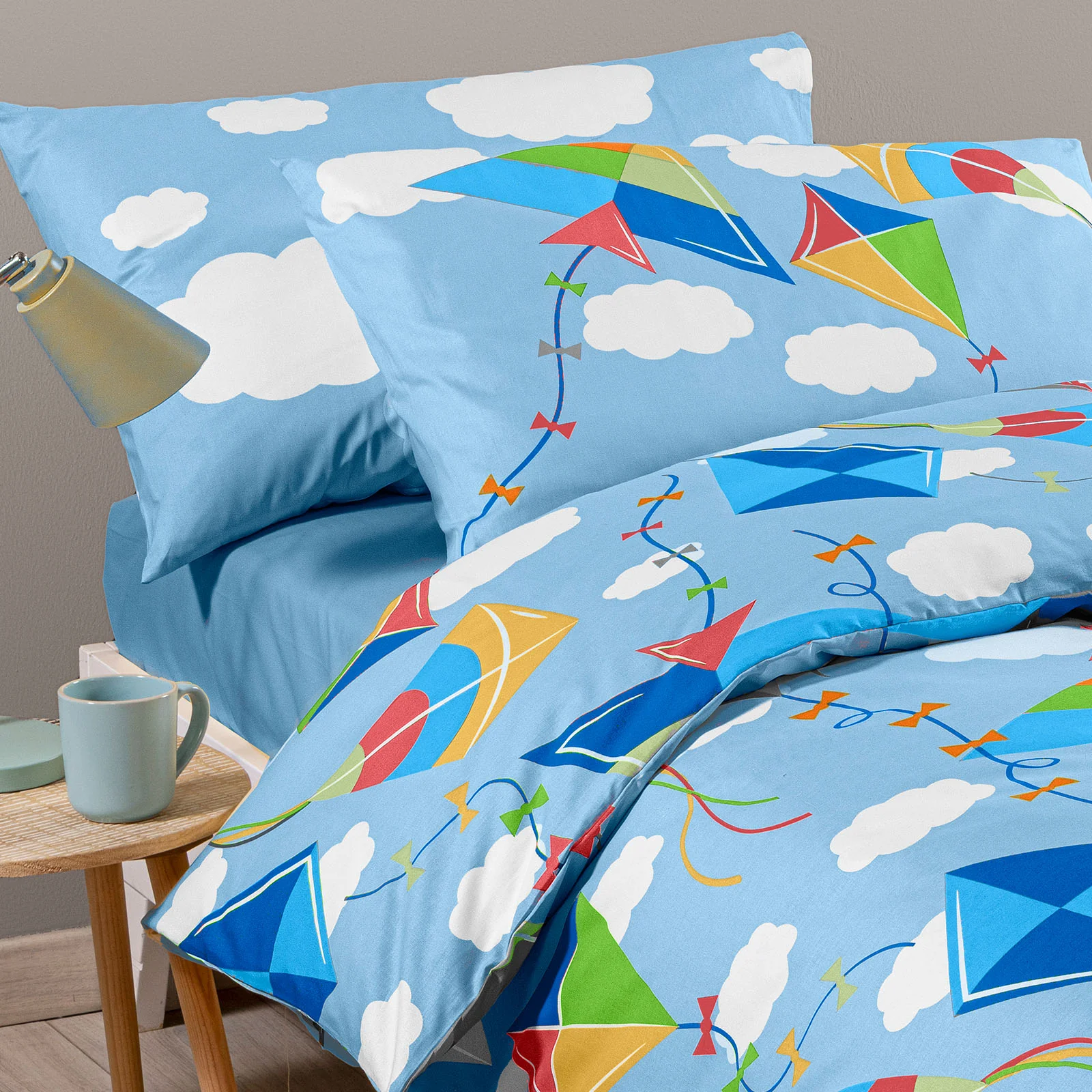 Completo Copripiumino In Cotone Aquiloni Piazza E Mezza Azzurro Caleffi Kids