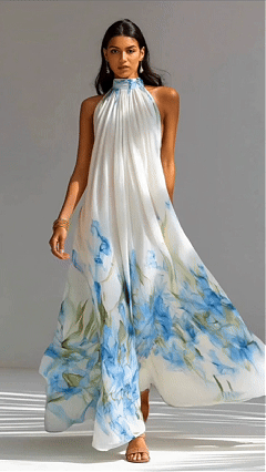 Women Watercolor Blue Floral Halter Chiffon Sleeveless Maxi Dress - Nordfashionstorm - Women's Clothing, Fashion for You - Nordfashionstorm.com