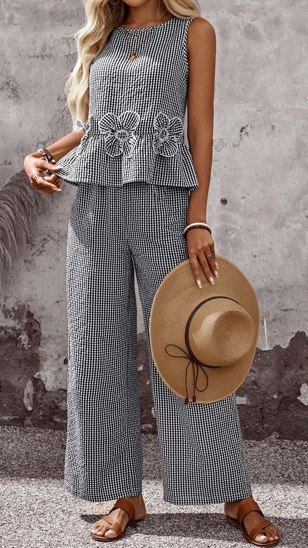 Women's Sleeveless Gingham Peplum Top & Wide Leg Pants Polyester Set - Nordfashionstorm - Women's Clothing, Fashion for You - Nordfashionstorm.com