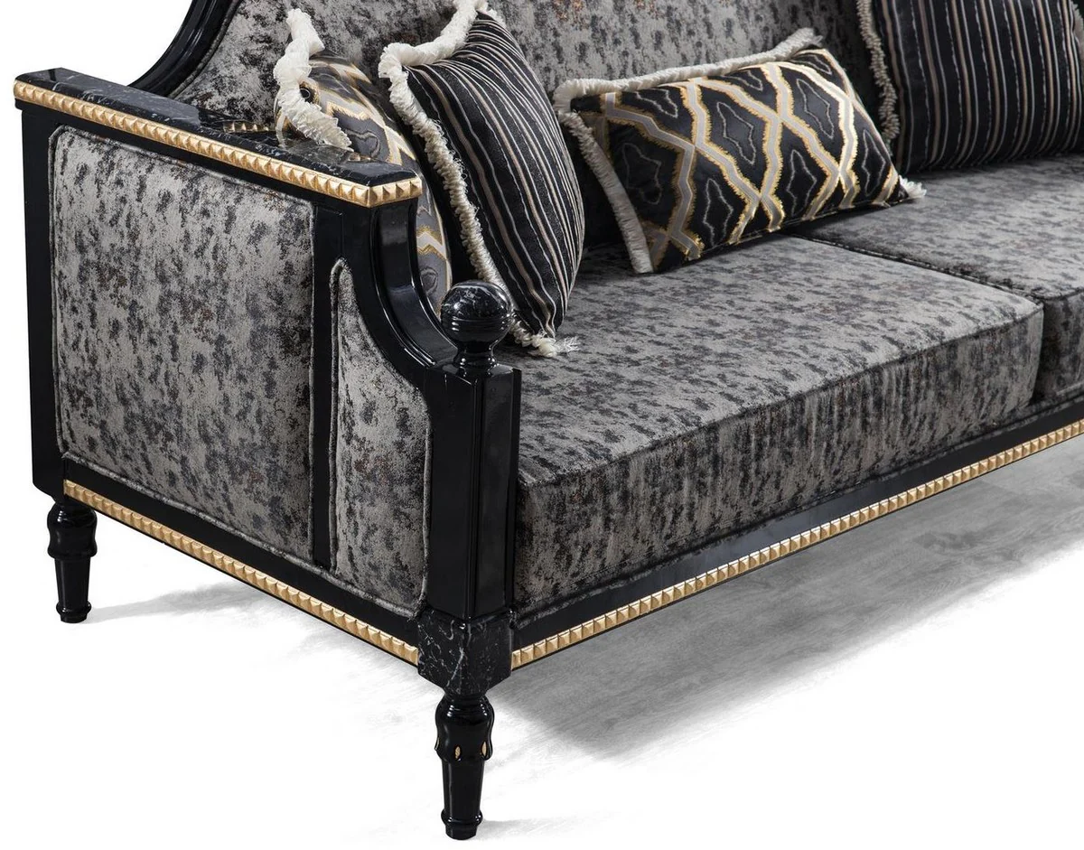 Luxury baroque living room set gray / black / gold - 2 sofas & 2 armchairs & 1 coffee table with glass top in marble look - living room furniture in baroque style - noble and magnificent