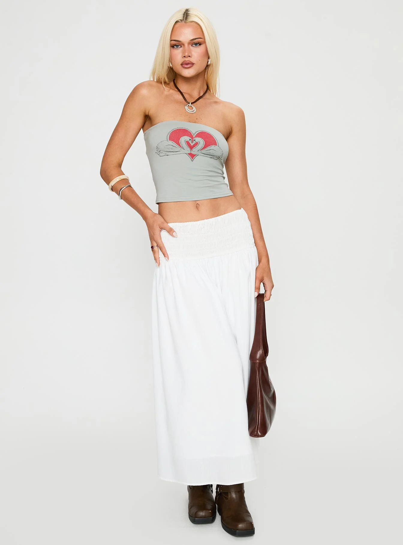 Small Towns Shirred Midi Skirt White