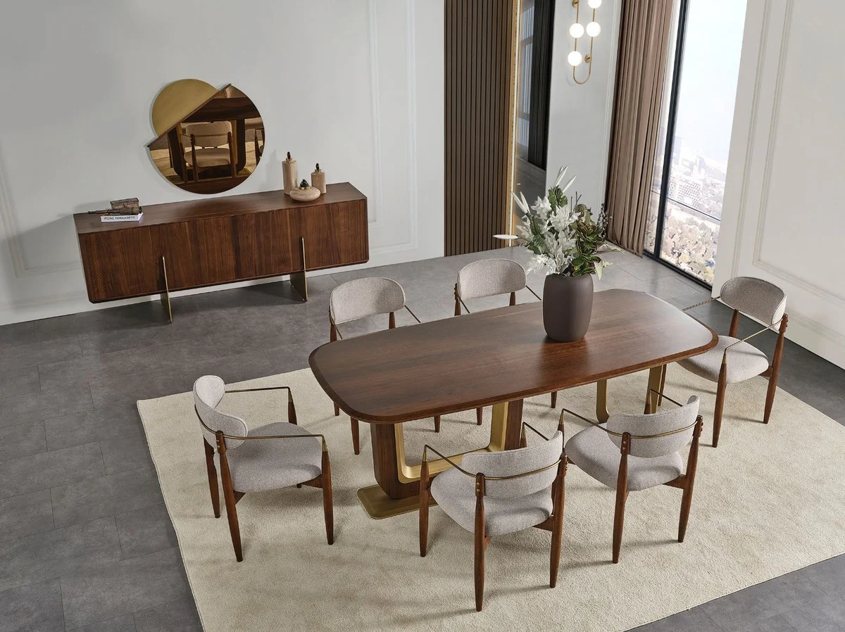 Luxury dining room chair set of 6 with armrests gray / brown / brass 69 x 52 x H. 90 cm - Dining room furniture - Restaurant furniture - Dining room furnishings - Luxury furniture - Luxury furnishings