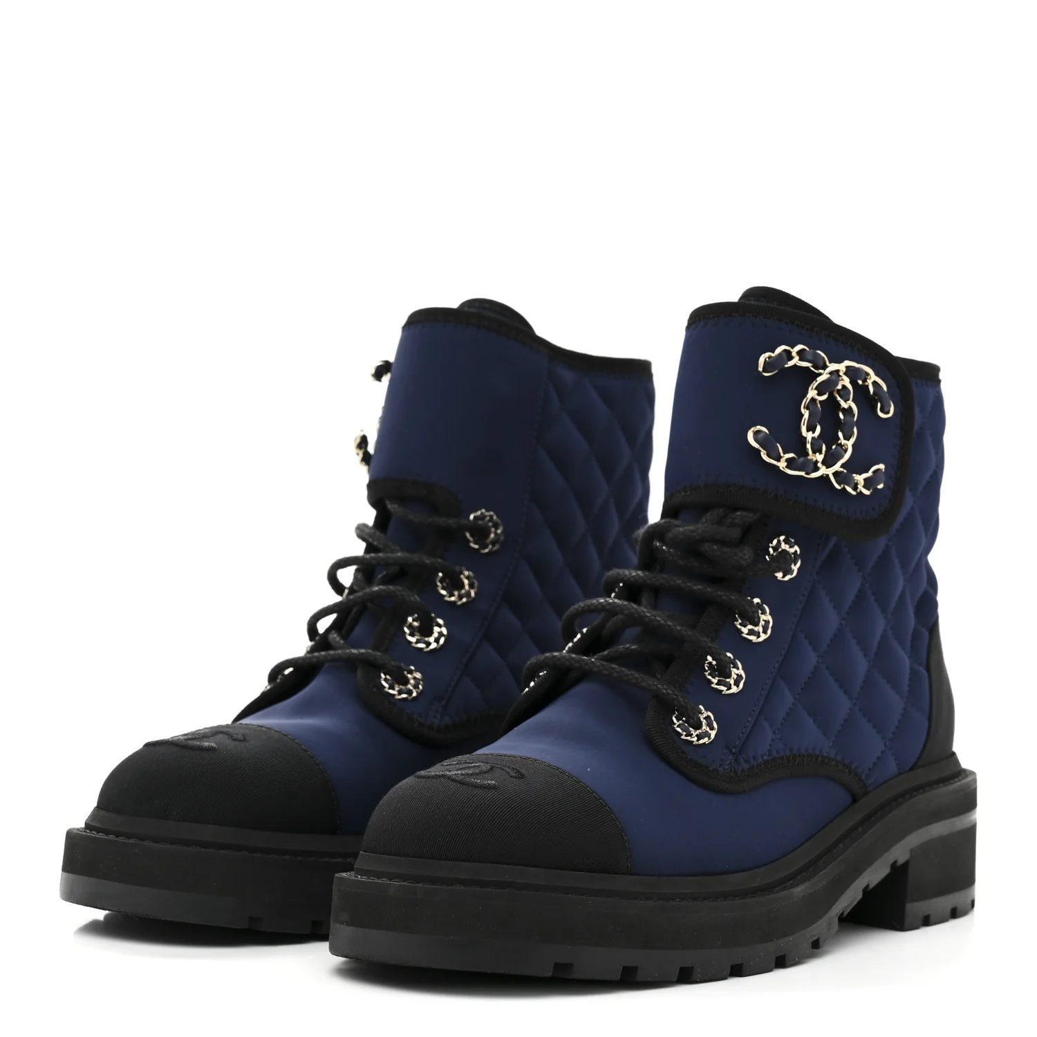 Fabric Grosgrain Quilted Cap Toe Lace Up Combat Boots 36.5 Navy Black - Top Club