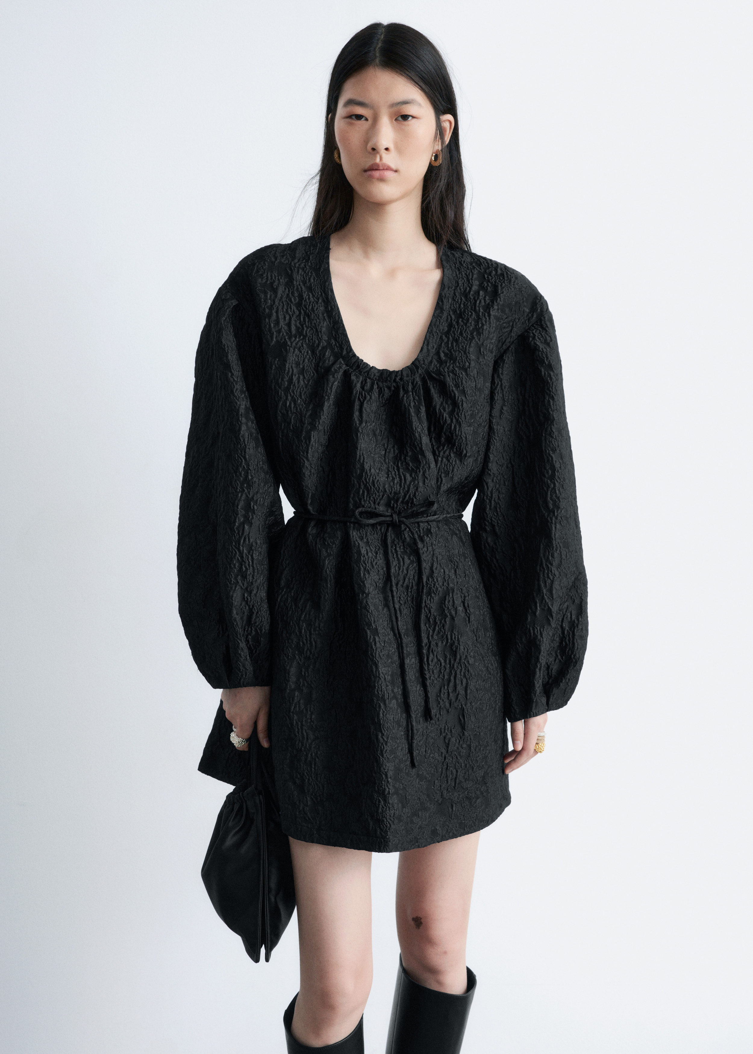 & Other Stories TIE-FRONT JACQUARD MINI DRESS