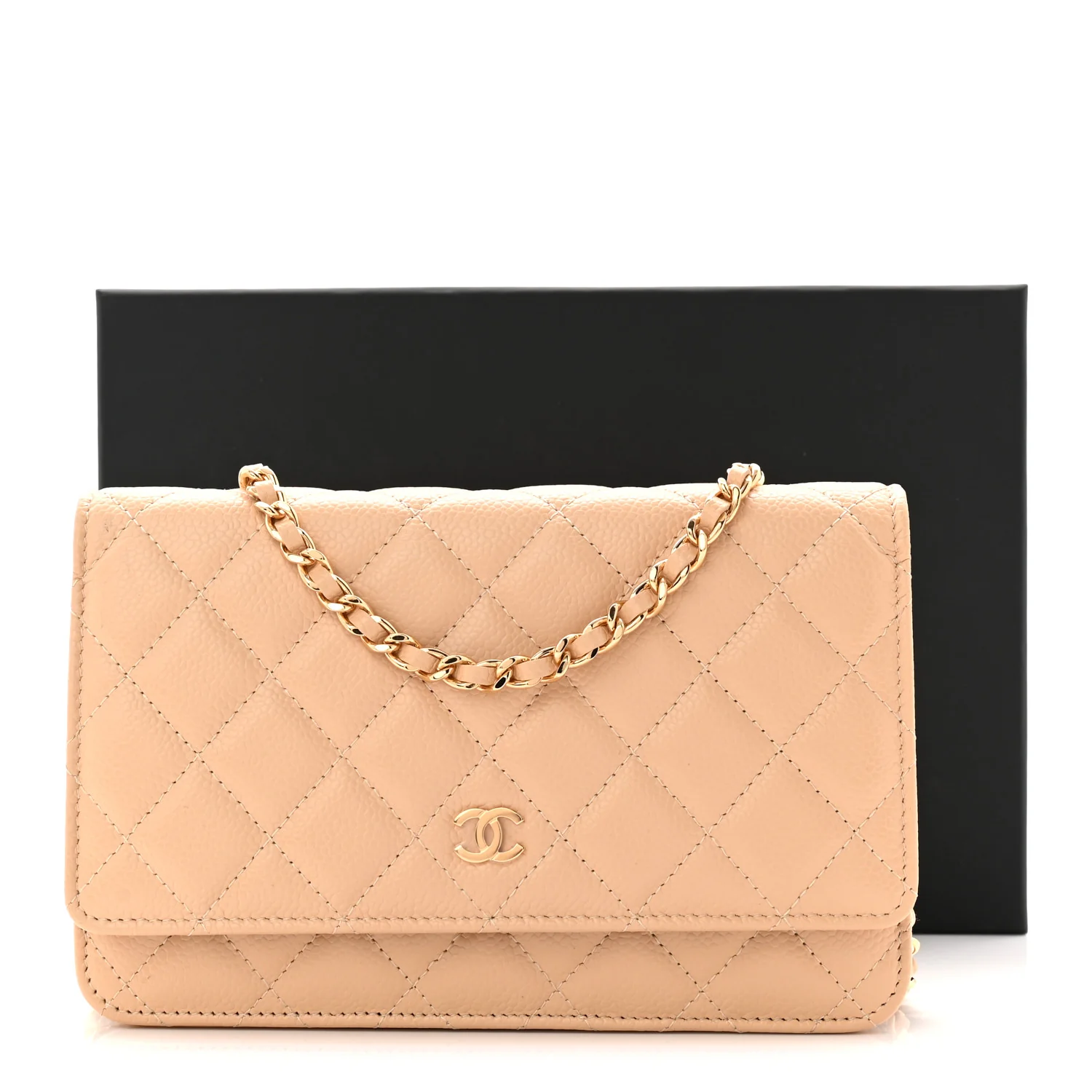 Caviar Quilted Wallet on Chain WOC Beige - Top Club