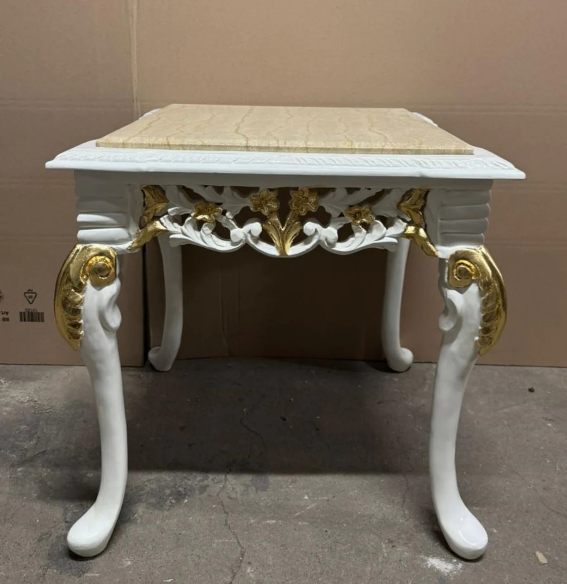 Baroque side table with marble top white / gold / beige 60 cm