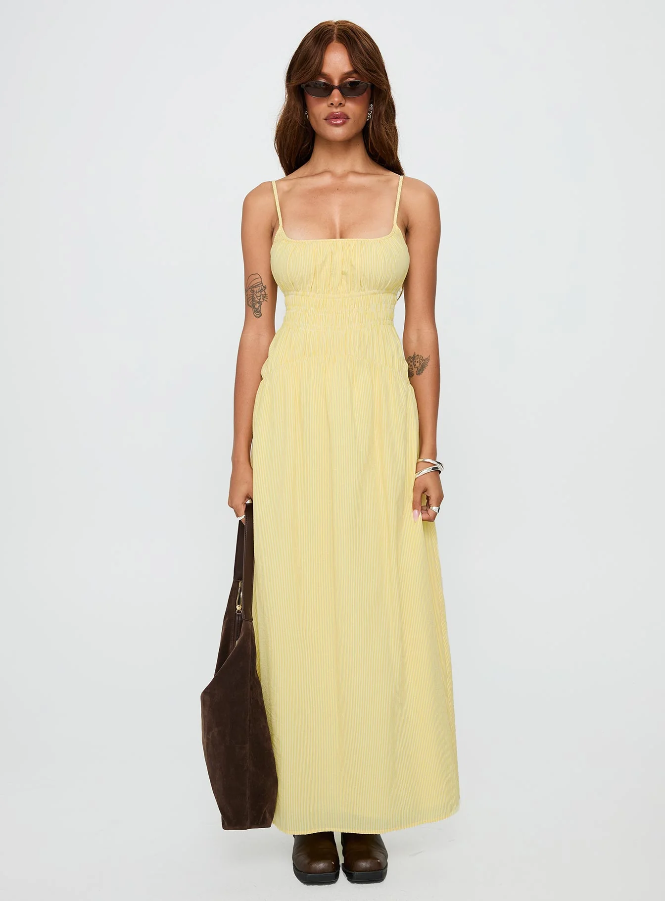 Magnolie Shirred Maxi Dress Yellow Stripe
